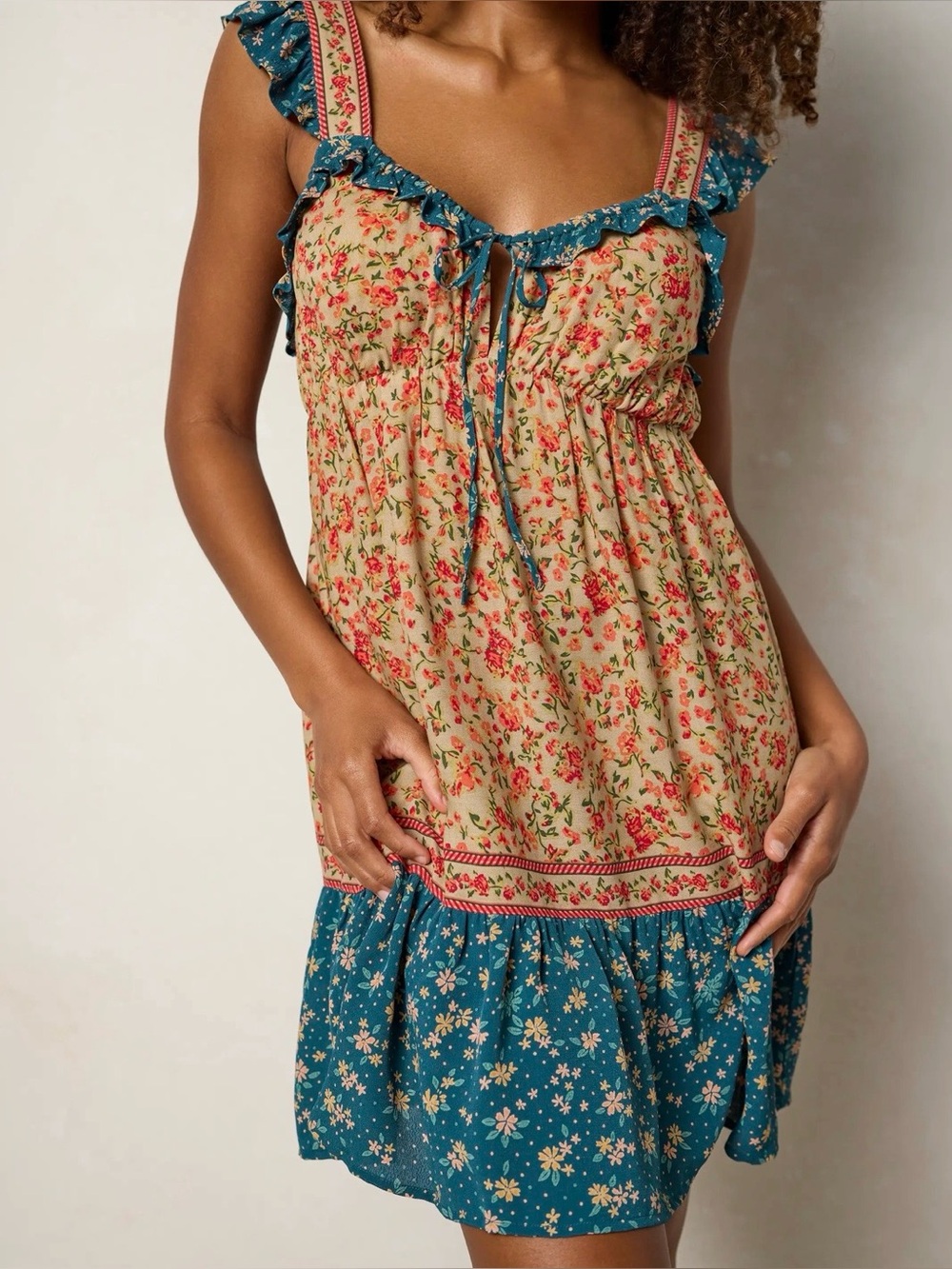 NATURAL LIFE Elizabeth Mini Dress in Blue Cream Ditsy Print